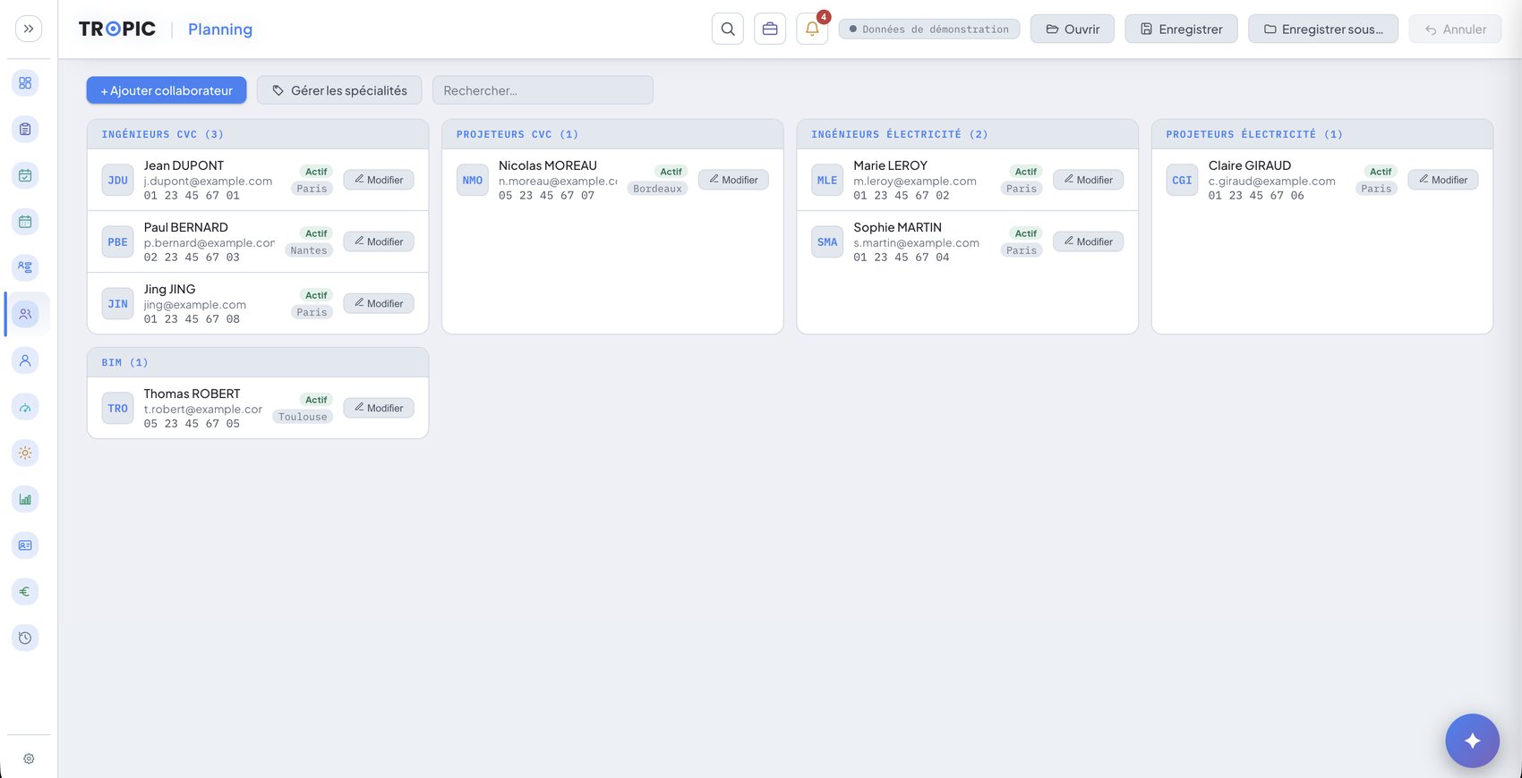 Écran Collaborateurs de Tropic Planning